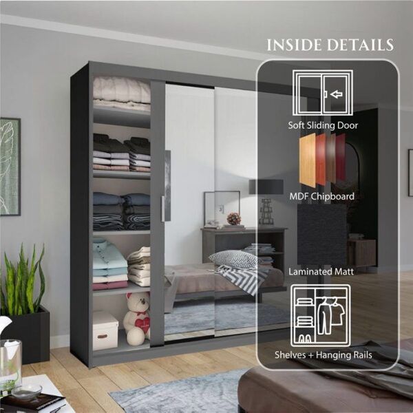 Hilton Mirror Sliding Door 203cm Wardrobe - Grey