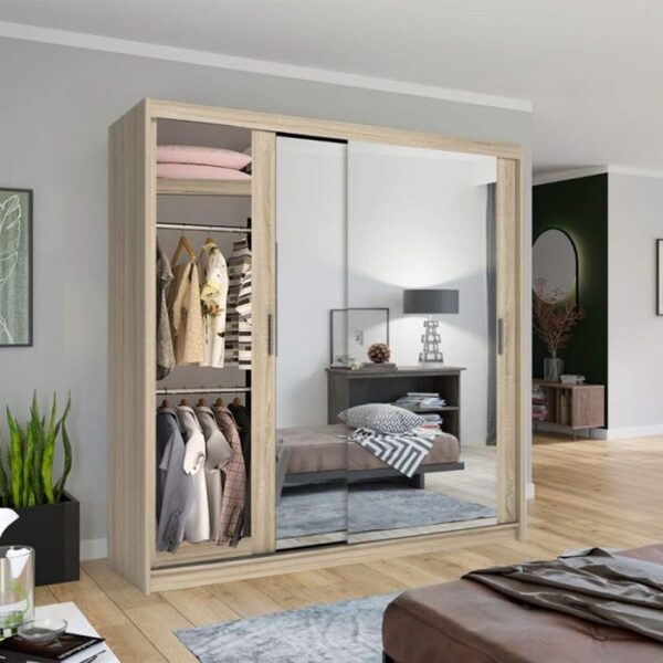 Hilton Mirror Sliding Door 203cm Wardrobe - Oak