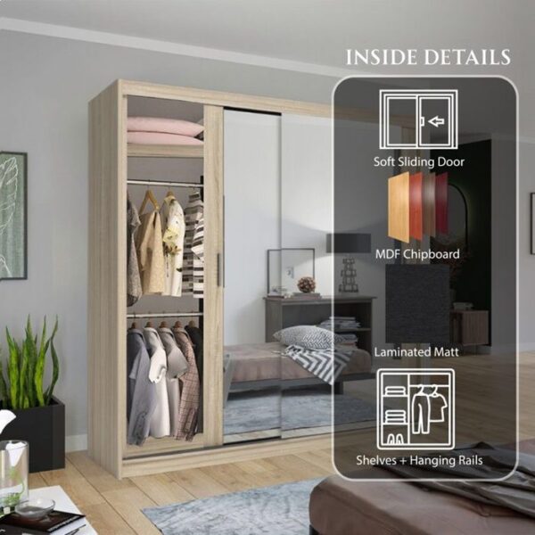 Hilton Mirror Sliding Door 203cm Wardrobe - Oak