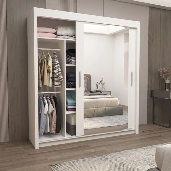 Hilton Mirror Sliding Door 203cm Wardrobe - White