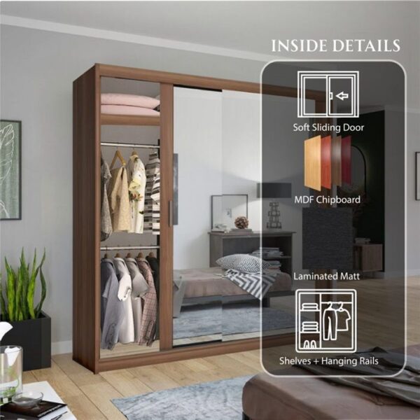 Hilton Mirror Sliding Door 203cm Wardrobe - Walnut