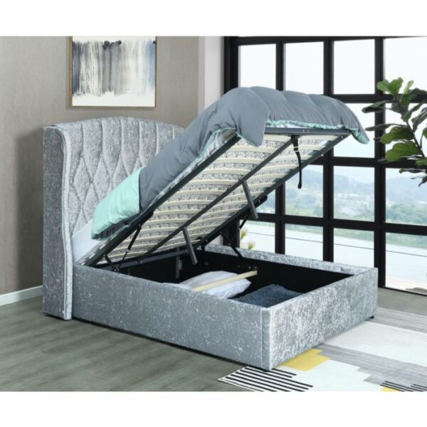 Mayfair Ottoman Storage Crush Silver Velvet Bed Frame with LED - 4ft6 Double size