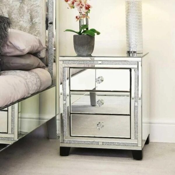 Diamond Glitz 3 Drawer Silver Mirrored Glass Bedside Table Cabinet