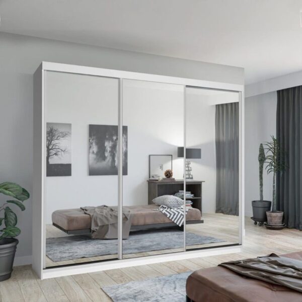 Hilton Mirror Sliding Door 250cm Large Wardrobe - White