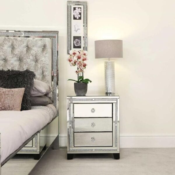 Diamond Glitz 3 Drawer Silver Mirrored Glass Bedside Table Cabinet