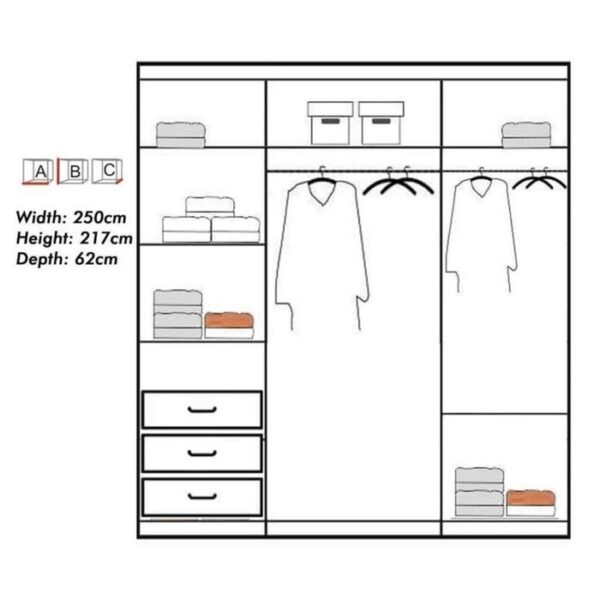 Hilton Mirror Sliding Door 250cm Large Wardrobe - White