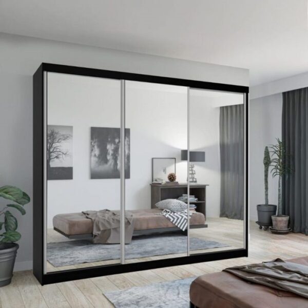 Hilton Mirror Sliding Door 250cm Large Wardrobe - Black