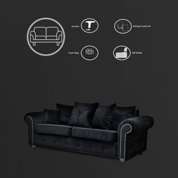 Ashwin Plush Velvet 3 Seater and 2 Seater Sofa Set - Black