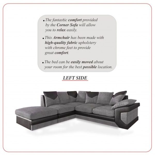 Dino Jumbo Cord Fabric Black with Grey Corner Sofa - Left Side