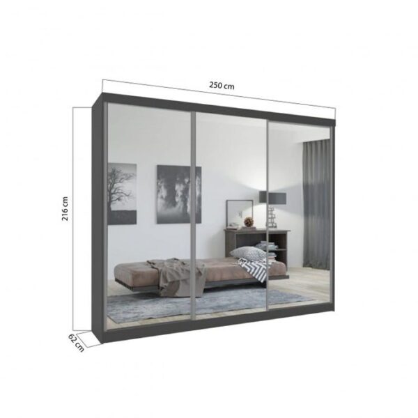 Hilton Mirror Sliding Door 250cm Large Wardrobe - Grey