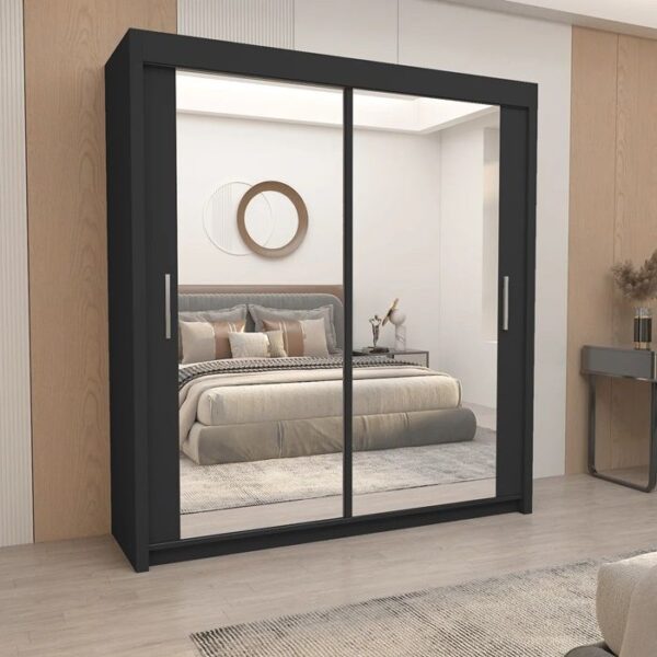 Hilton Mirror Sliding Door 180cm Wardrobe - Black