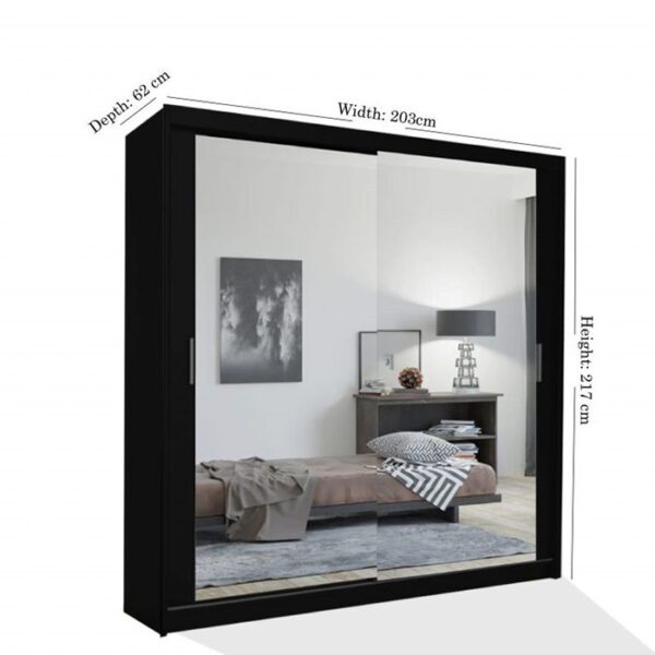 Hilton Mirror Sliding Door 203cm Wardrobe - Black